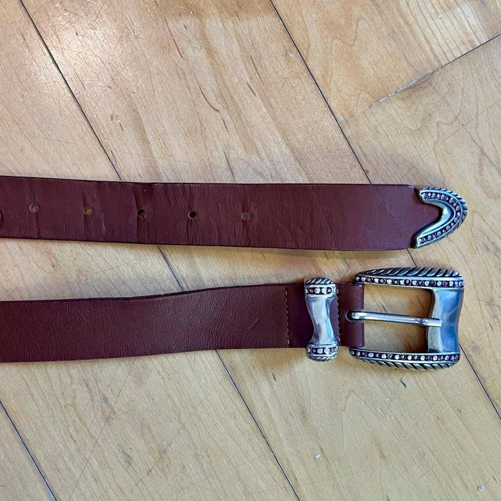VTG Garuglieri Italian Brown Leather Western Belt Silver Rhinestone Large 38" - Picture 5 of 5